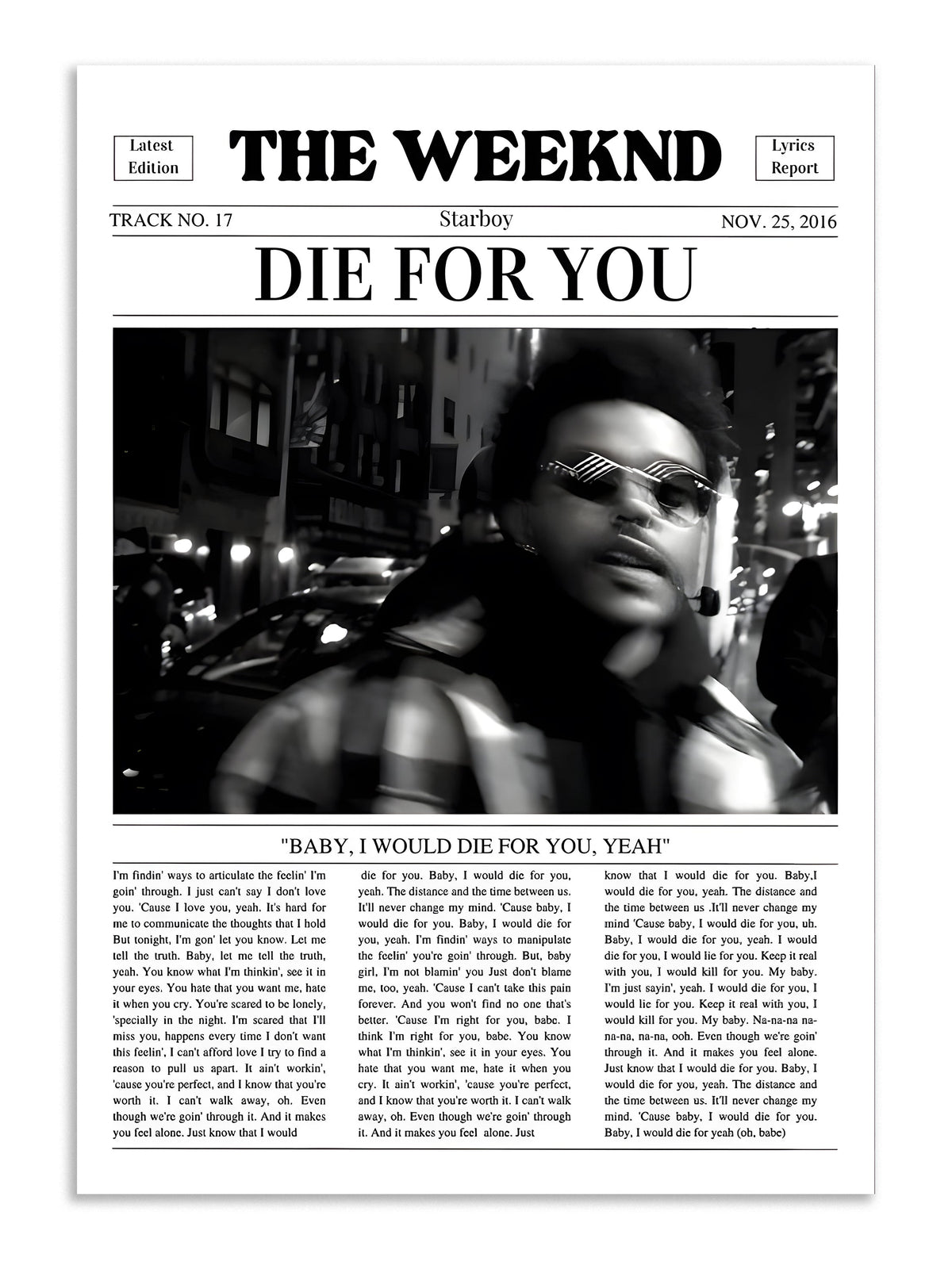 The Weeknd Die For You Lyrics Wall Art Lazywalls