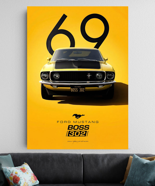 Ford Mustang Boss 302 Poster Yellow | Classic Muscle Car Wall Art Lazywalls