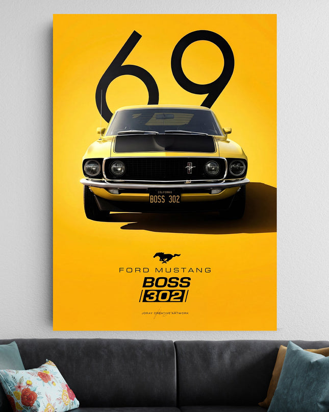 Ford Mustang Boss 302 Poster Yellow | Classic Muscle Car Wall Art Lazywalls