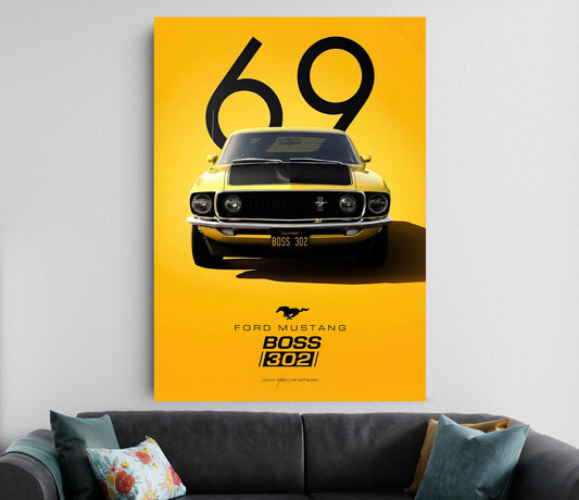 Ford Mustang Boss 302 Poster Yellow | Classic Muscle Car Wall Art Lazywalls