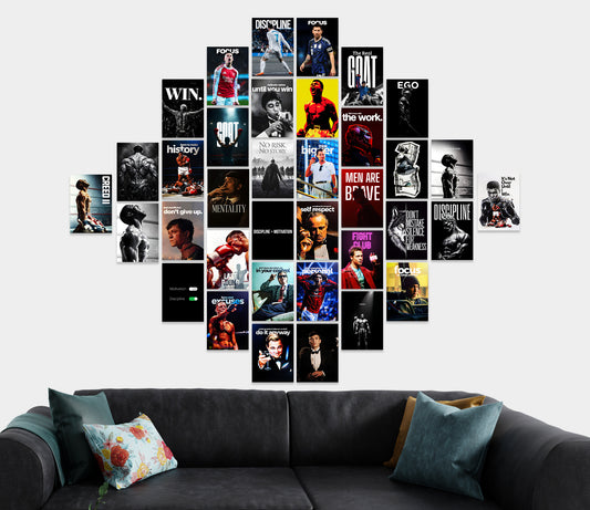 Motivational Posters Set (36 PCS) | Mindset Wall Collage Kit | Discipline & Hustle Room Decor Lazywalls