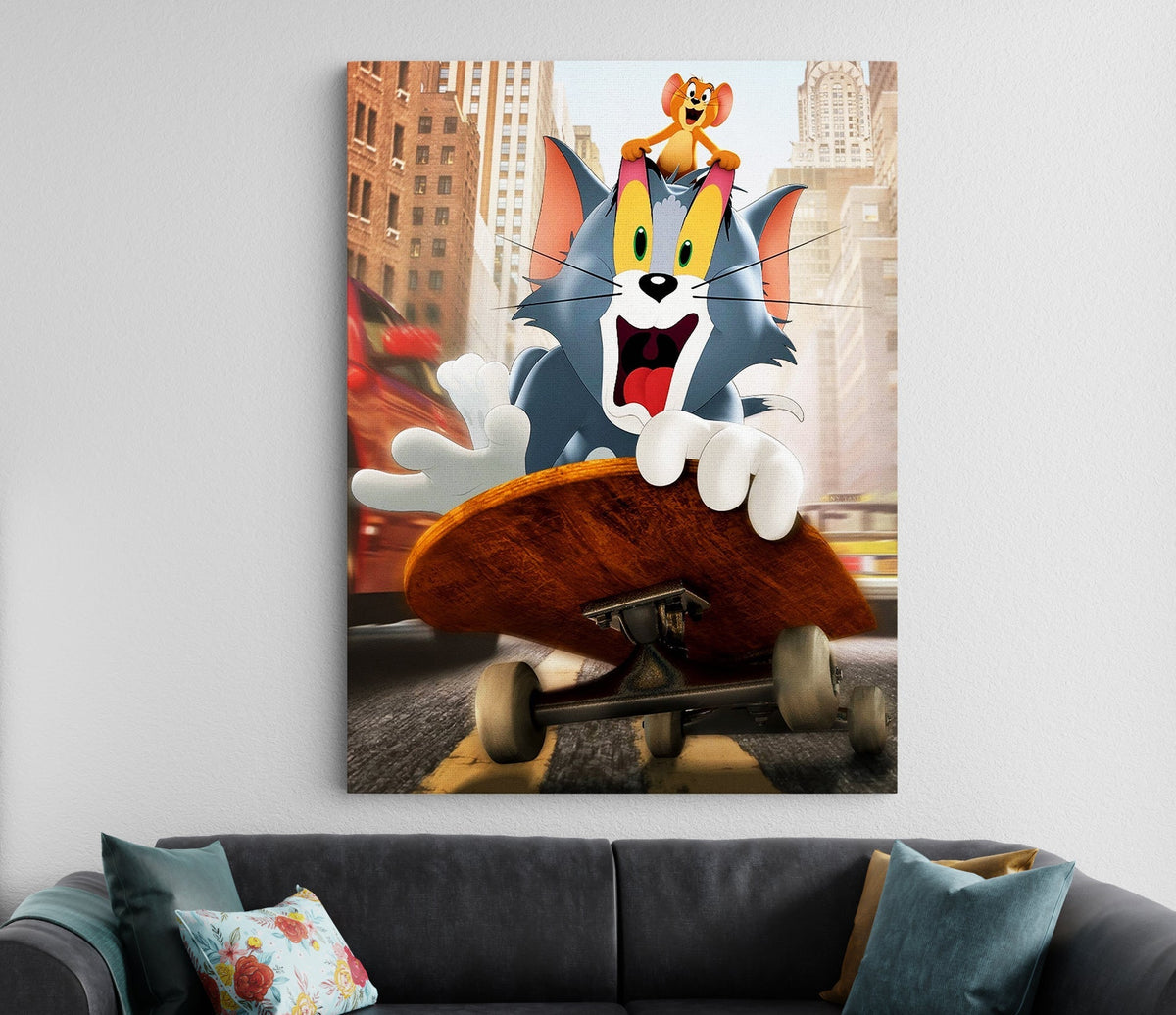 Tom and Jerry Skateboard Chase Poster | Cartoon Wall Art Lazywalls