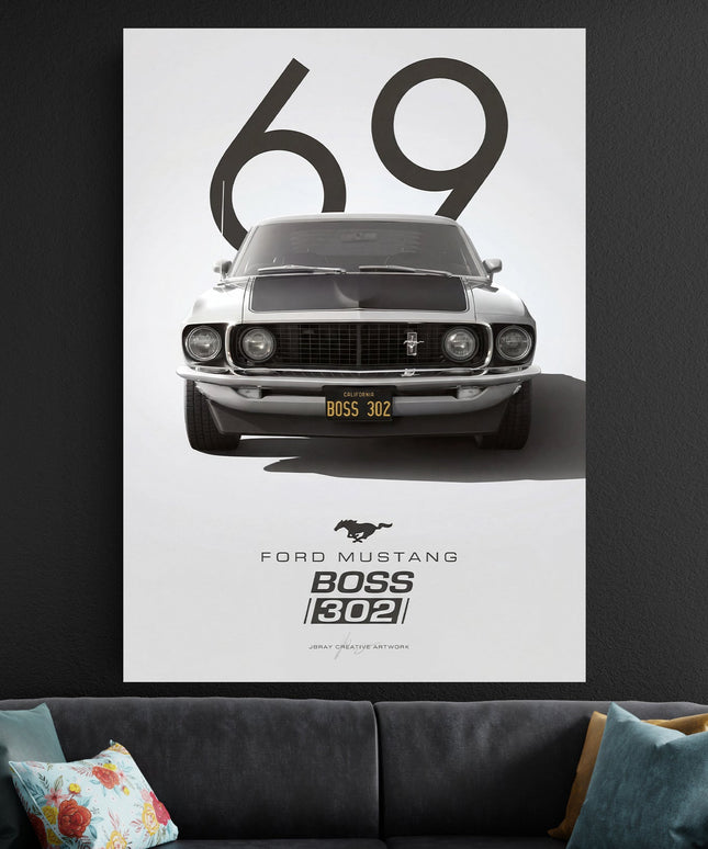 Ford Mustang Boss 302 Poster Black White | Classic Car Wall Art Lazywalls