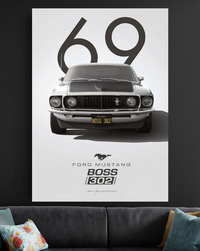 Ford Mustang Boss 302 Poster Black White | Classic Car Wall Art Lazywalls