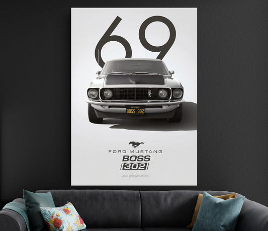Ford Mustang Boss 302 Poster Black White | Classic Car Wall Art Lazywalls