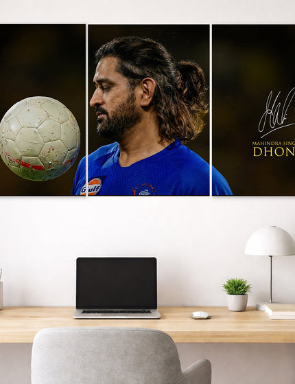 MS Dhoni Signature 3 Panel Poster | Mahendra Singh Dhoni Portrait Wall Art Lazywalls