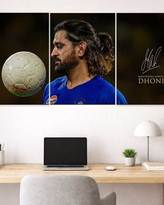 MS Dhoni Signature 3 Panel Poster | Mahendra Singh Dhoni Portrait Wall Art Lazywalls