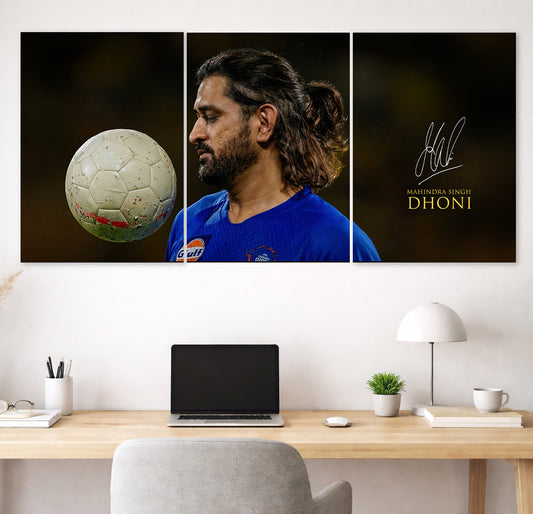 MS Dhoni Signature 3 Panel Poster | Mahendra Singh Dhoni Portrait Wall Art Lazywalls