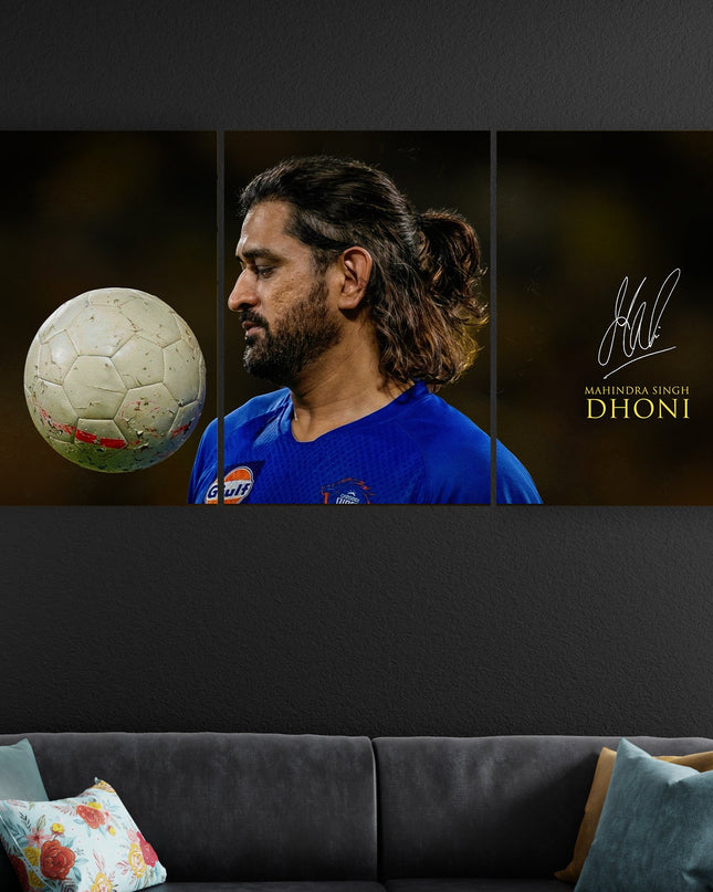 MS Dhoni Signature 3 Panel Poster | Mahendra Singh Dhoni Portrait Wall Art Lazywalls