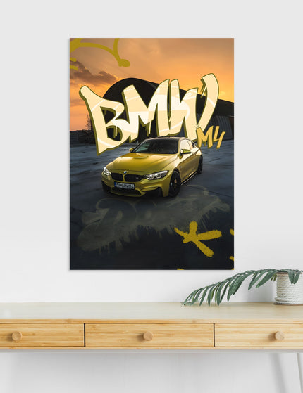 BMW M4 Poster | Yellow Sports Car Wall Art | Graffiti Street Style Print Lazywalls
