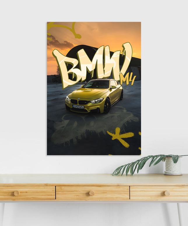 BMW M4 Poster | Yellow Sports Car Wall Art | Graffiti Street Style Print Lazywalls