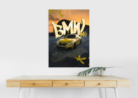 BMW M4 Poster | Yellow Sports Car Wall Art | Graffiti Street Style Print Lazywalls