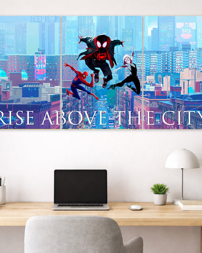 Spider-Man Spider-Verse Poster | 3 Panel Poster | Miles Morales City Wall Art Lazywalls