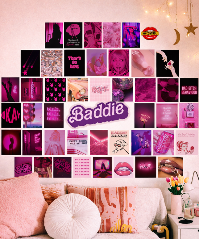 Pink Baddie Aesthetic Poster Set (50 PCS) | Neon Girl Room Decor | Trendy Wall Collage Lazywalls