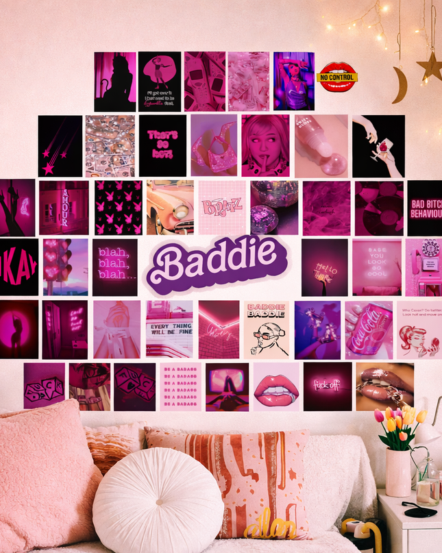 Pink Baddie Aesthetic Poster Set (50 PCS) | Neon Girl Room Decor | Trendy Wall Collage Lazywalls
