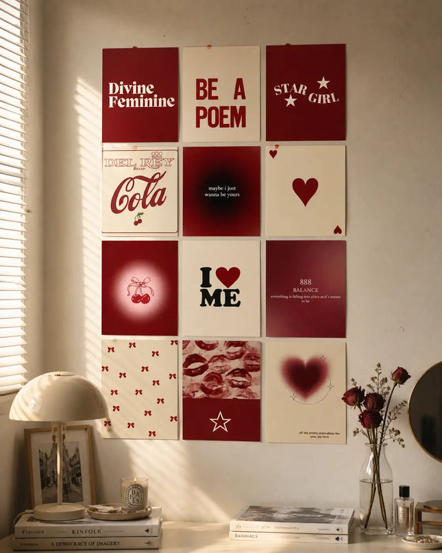 Red Aesthetic Quote Wall Art Set Poster Collection (12Pcs) Lazywalls