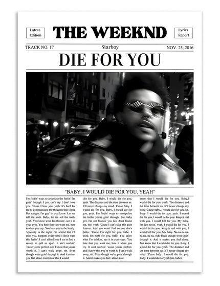 The Weeknd Die For You Lyrics Wall Art Lazywalls
