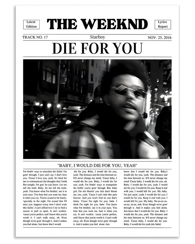 The Weeknd Die For You Lyrics Wall Art Lazywalls