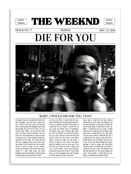 The Weeknd Die For You Lyrics Wall Art Lazywalls